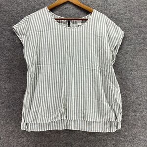 5/$45 Caslon Blouse Women L Large Gray Striped Short Sleeve Linen Crew Neck